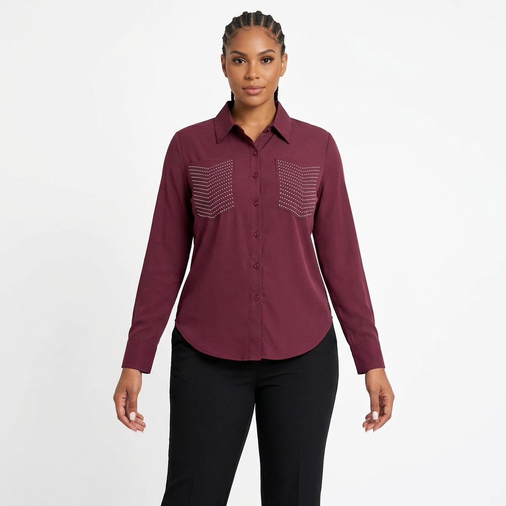 Black female model wearing a burgundy sparkle-detail collared blouse on white