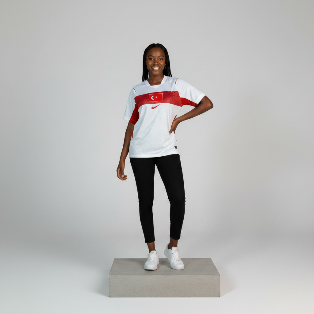 Nigerian female model wearing white football jersey with red chest band on concrete plinth