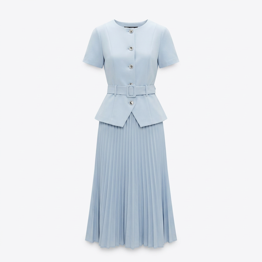 Light-blue belted peplum top and pleated skirt set, product view