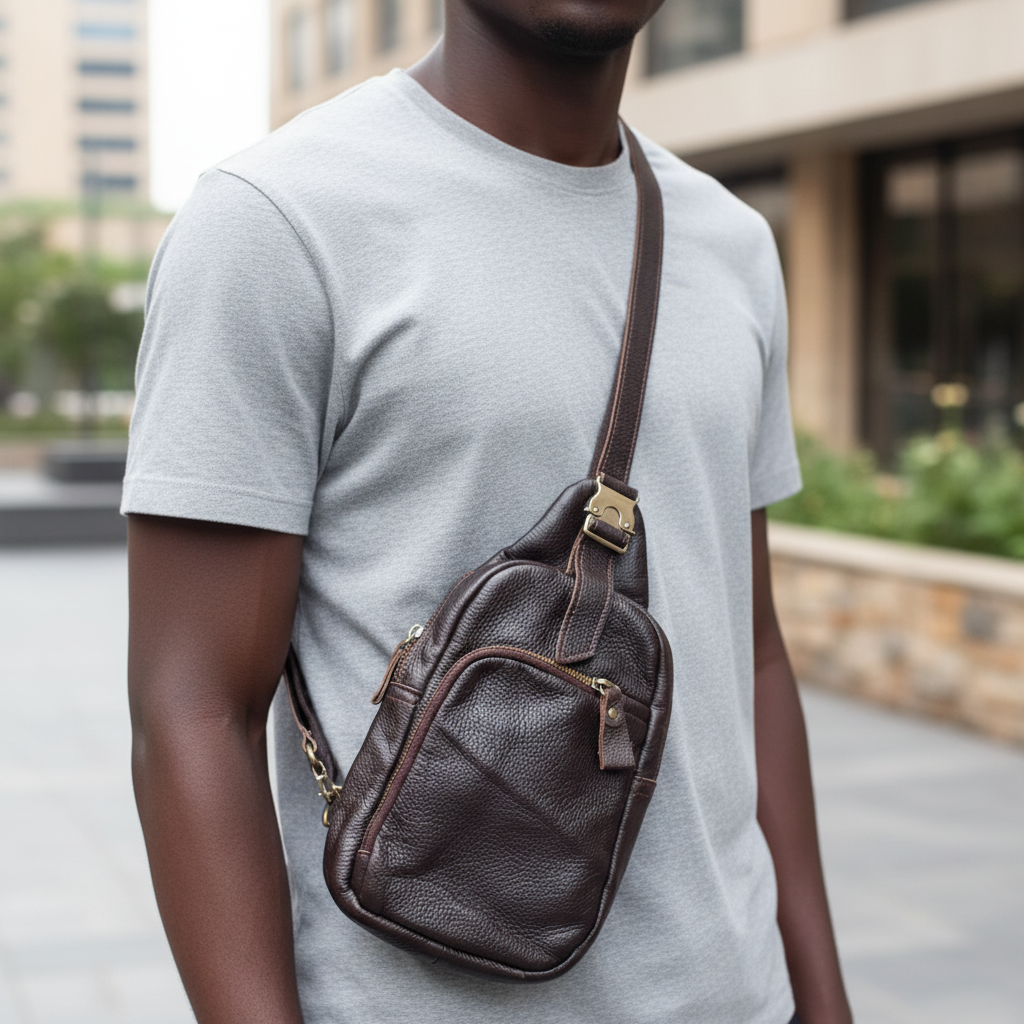 Male model wearing leather cross shoulder bag