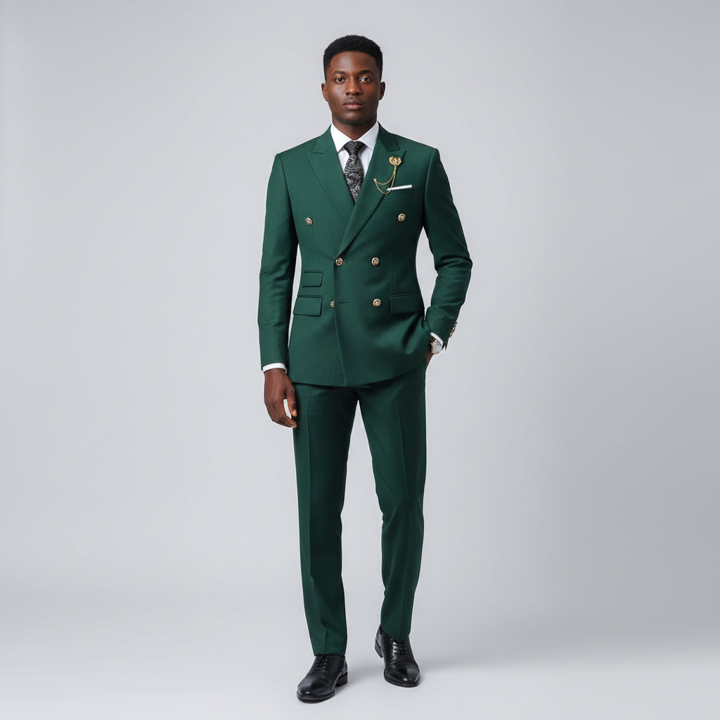 Nigerian male model wearing men's forest green double-breasted suit with gold buttons