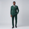 Nigerian male model wearing men's forest green double-breasted suit with gold buttons