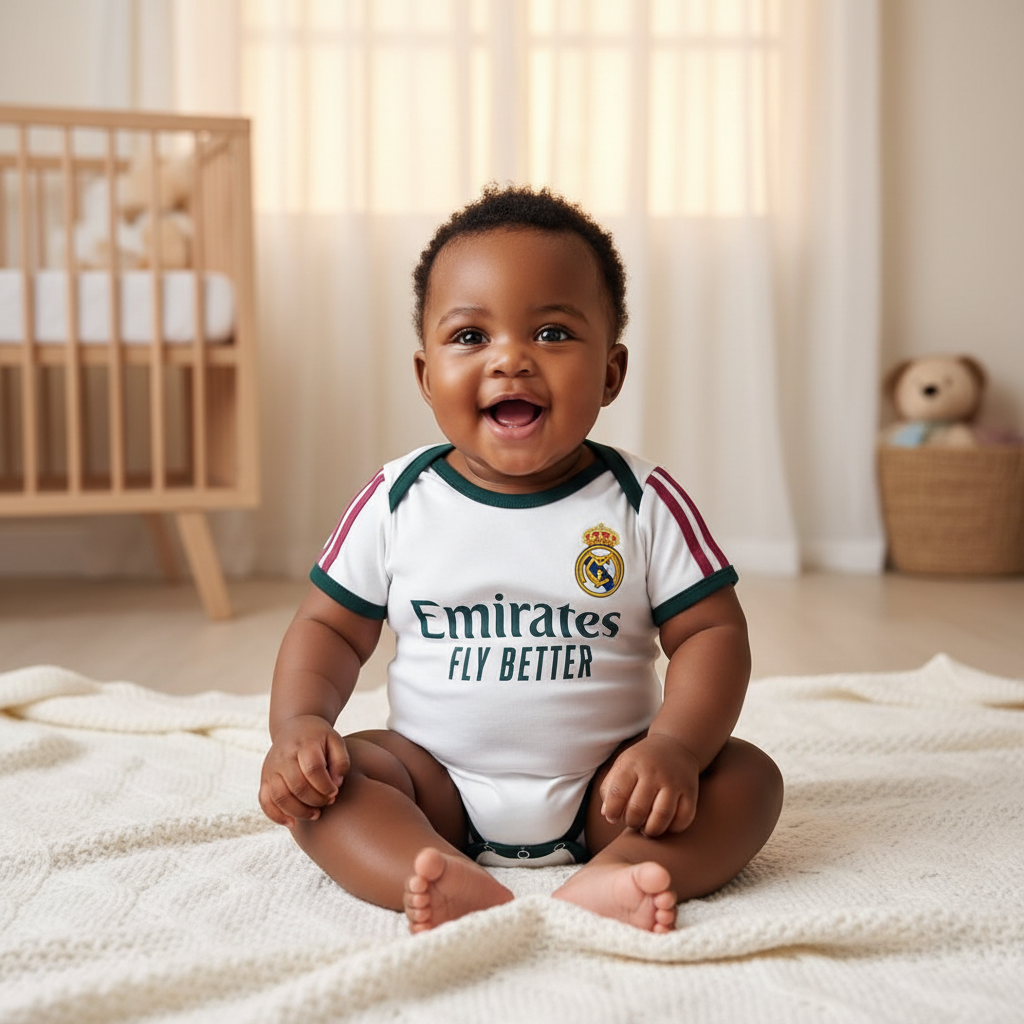 Nigerian baby wearing white & dark green football romper bodysuit with Emirates trim lifestyle shot