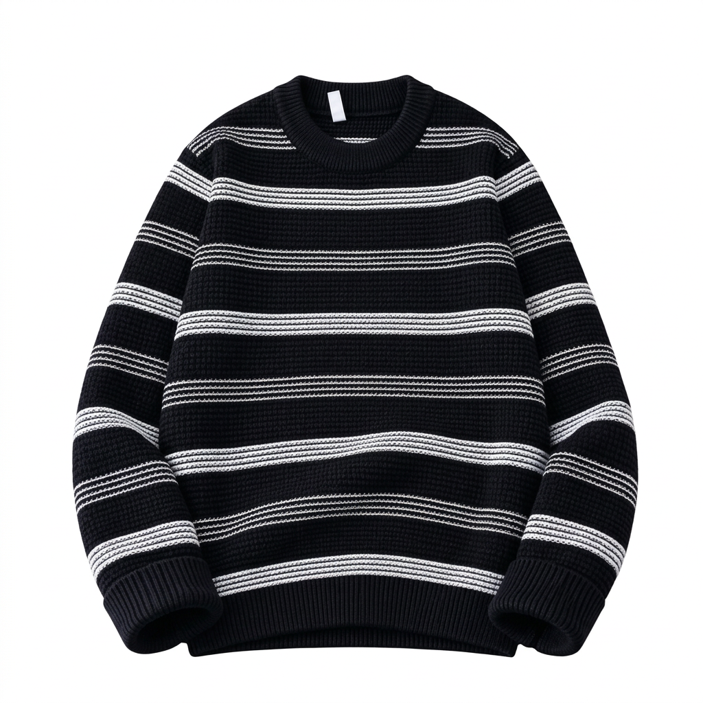 Black crew-neck knit sweater with grouped white horizontal stripes