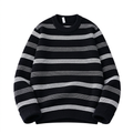 Black crew-neck knit sweater with grouped white horizontal stripes