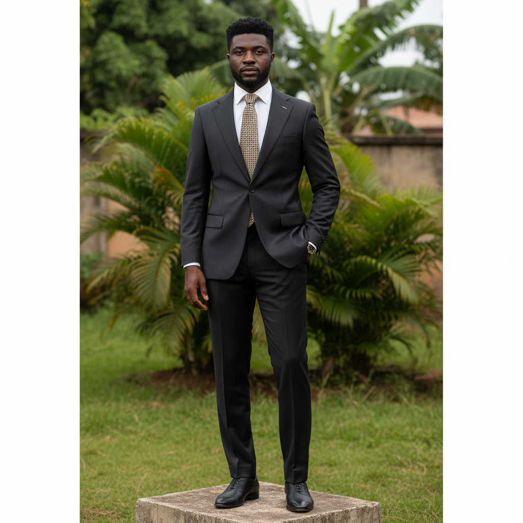 Nigerian male model wearing men's charcoal pinstripe 2-piece single-breasted formal suit, garden setting