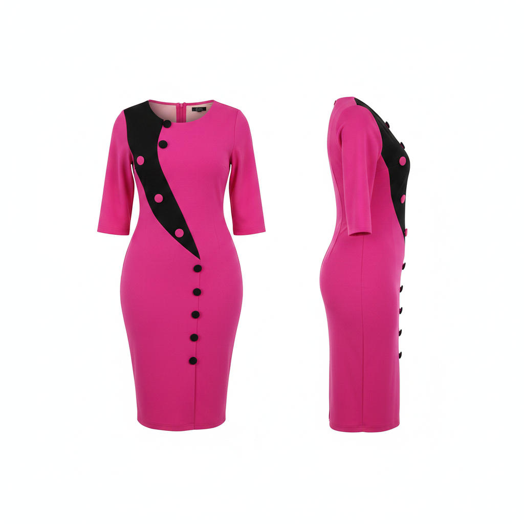 Women's Hot Pink & Black Colour Block Button Midi Dress – Ghost Mannequin Front and Side View