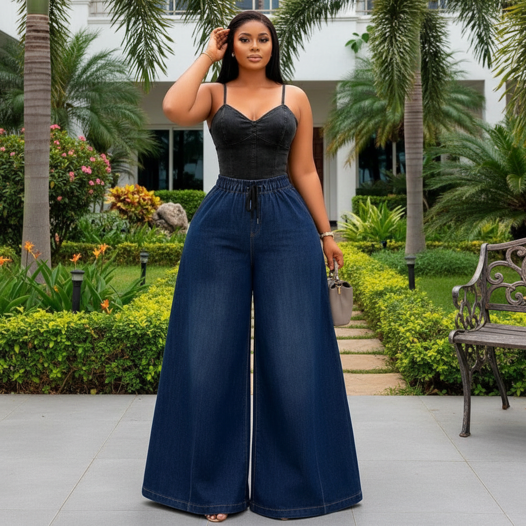 Nigerian female model wearing dark navy wide-leg baggy denim trousers