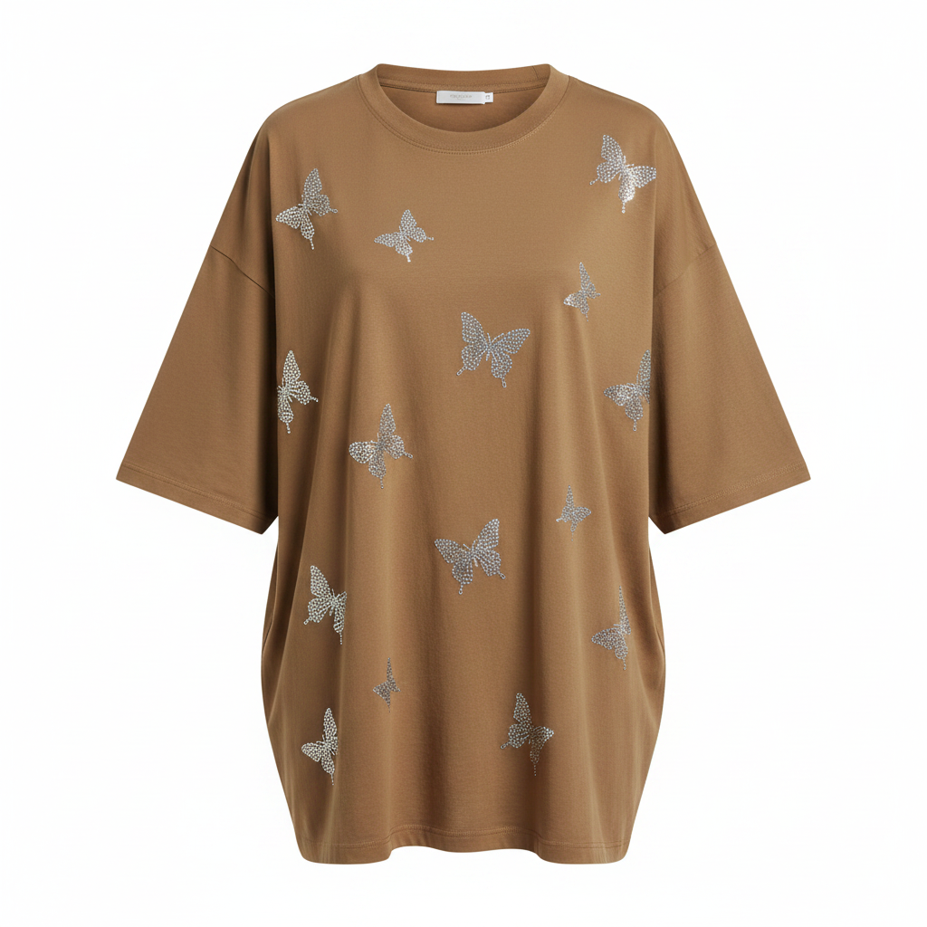 Rhinestone Butterfly Print Oversized T-Shirt – Ghost Mannequin Khaki