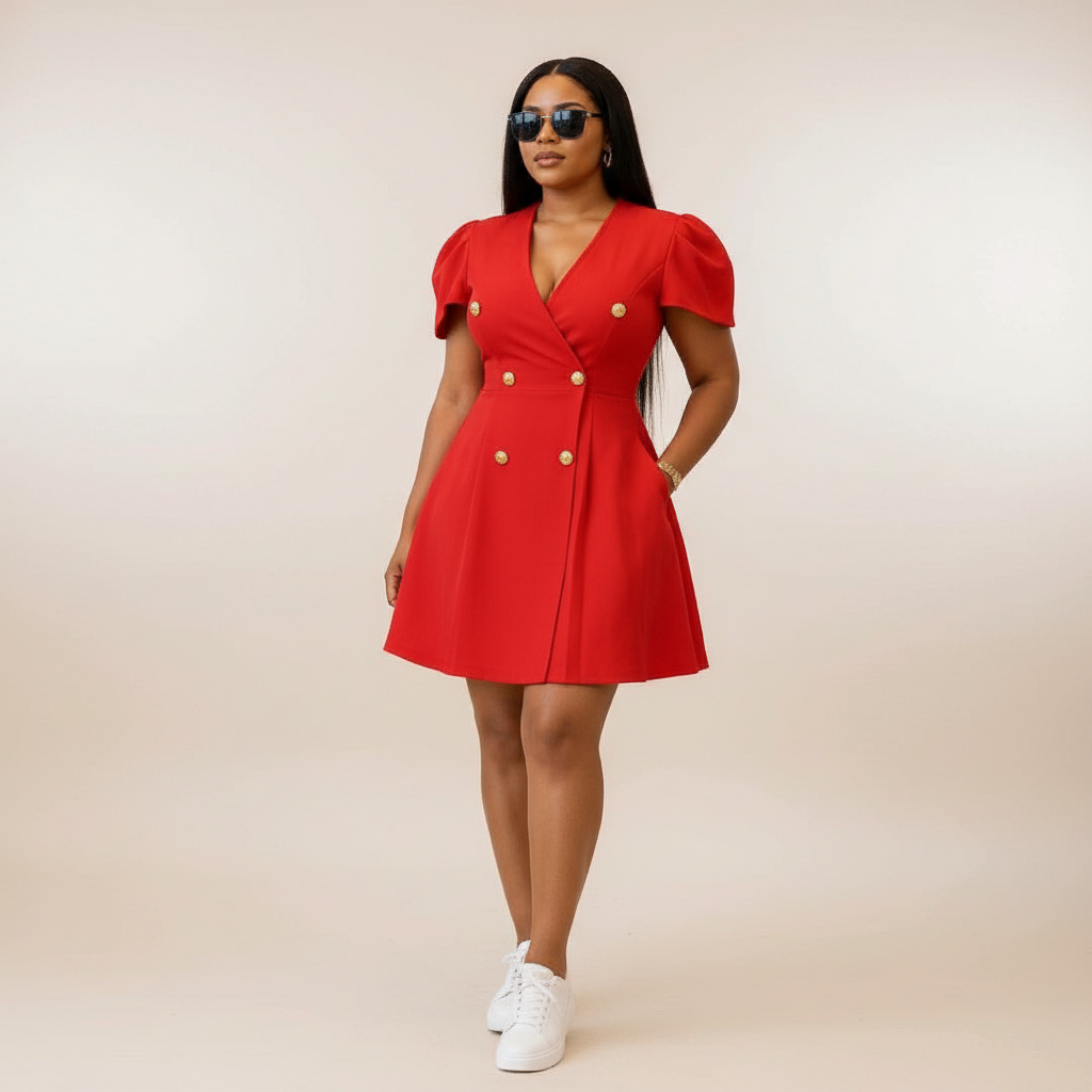 Gold Button Blazer Mini Dress – Red – Model Shot