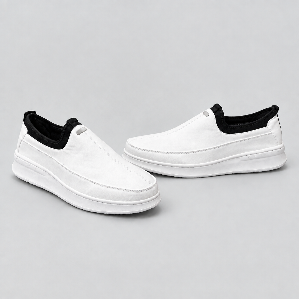 Men's white slip-on sneakers with black collar, front and side view