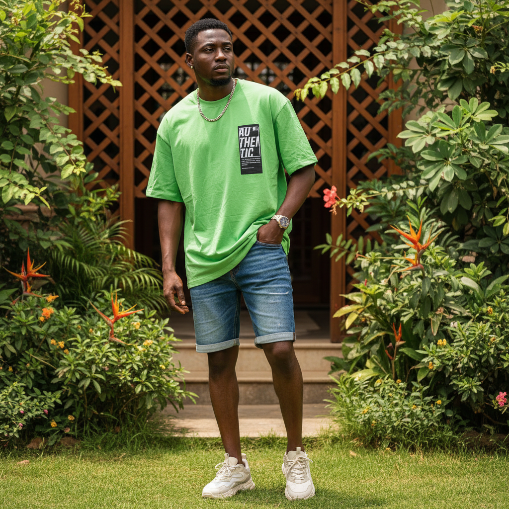 Nigerian male model wearing lime green oversized Authentic label tee in streetwear style