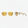 Women's rimless square-cut sunglasses solid amber yellow-orange lens slim gold bridge ornate interlocking circle logo temple hardware tortoiseshell insert – front and side view