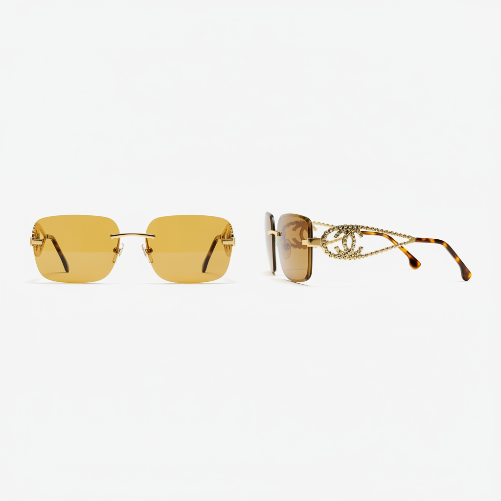 Women's rimless square-cut sunglasses solid amber yellow-orange lens slim gold bridge ornate interlocking circle logo temple hardware tortoiseshell insert – front and side view