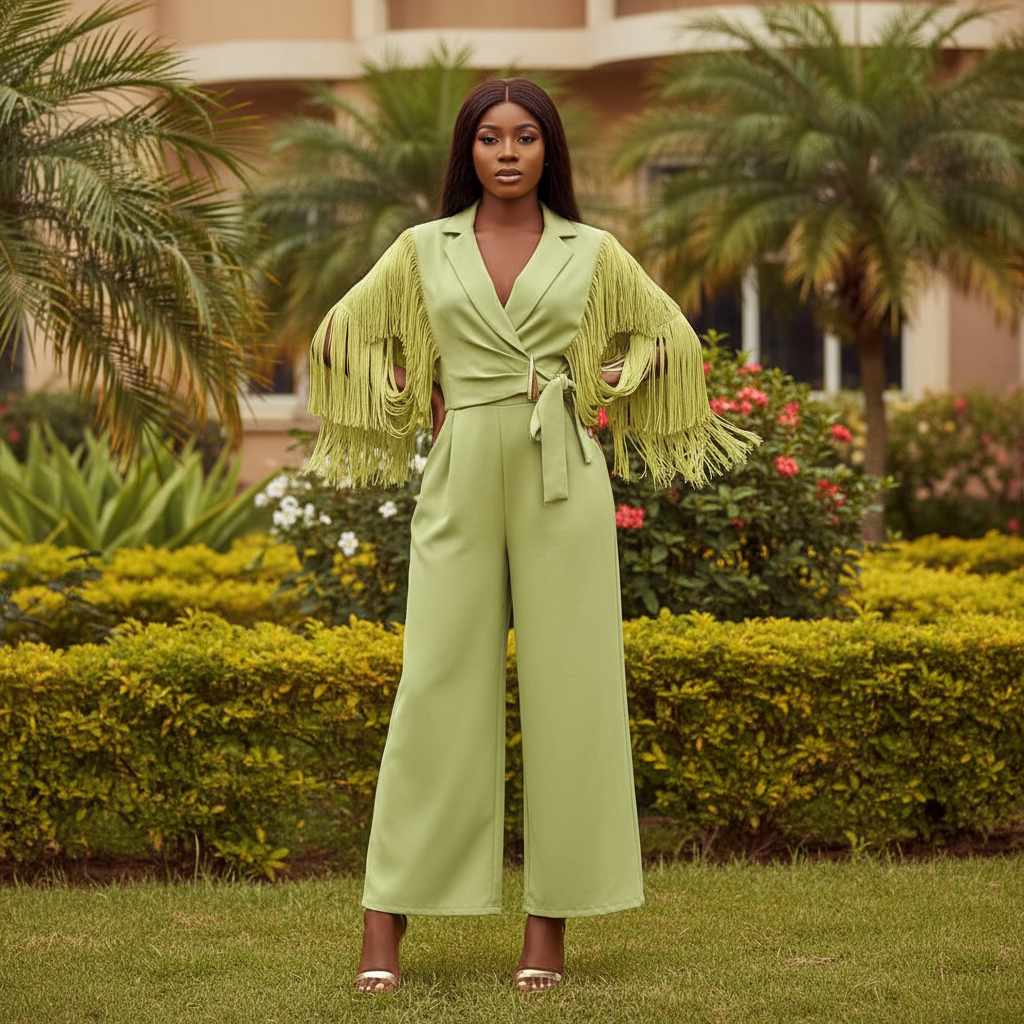 Women's sage green fringe sleeve wrap bow wide-leg jumpsuit - model shot