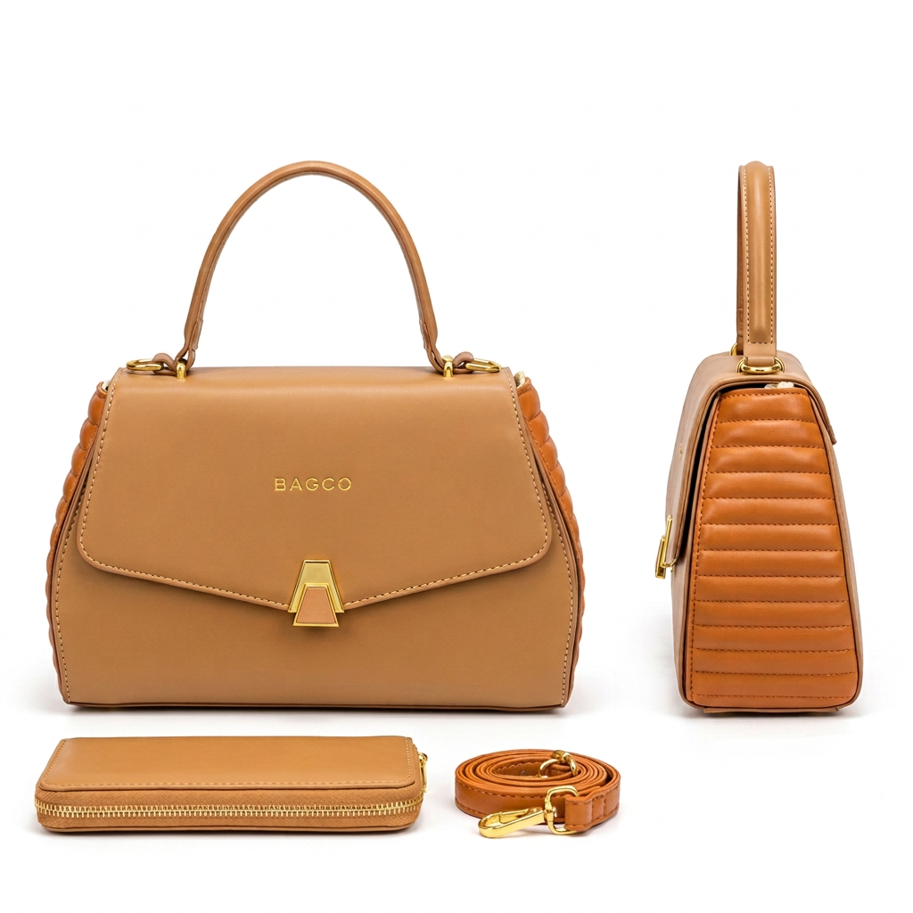Tan top-handle handbag front and side views with matching wallet and shoulder strap
