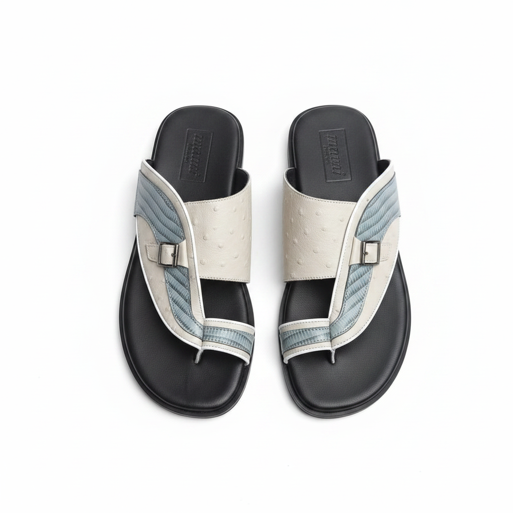 Men's ice grey ribbed leather buckle thong slide sandals ghost mannequin pair view