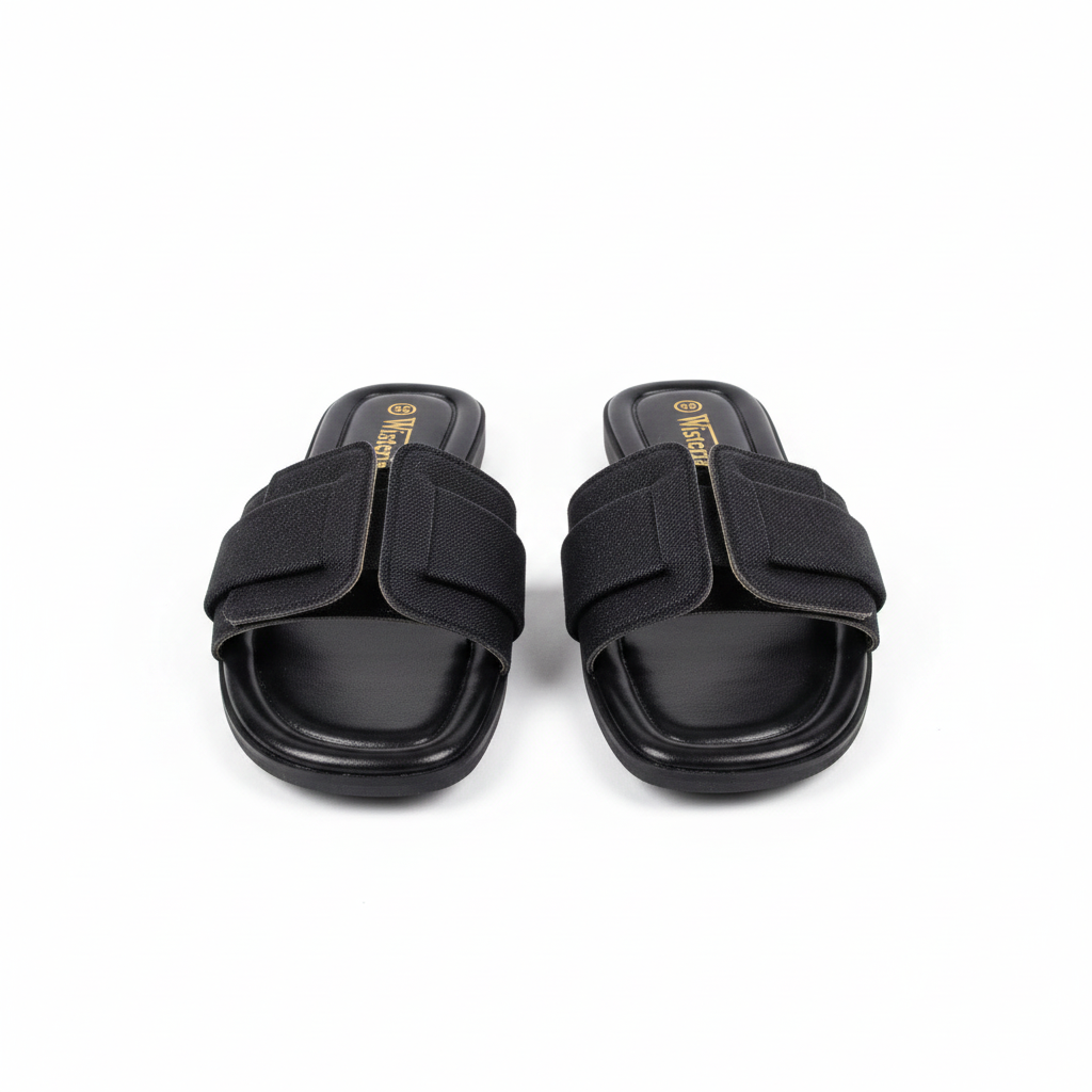Women's black bow flat slide sandals ghost mannequin view