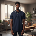 Young Nigerian male model wearing navy yellow-tipped polo shirt, front view