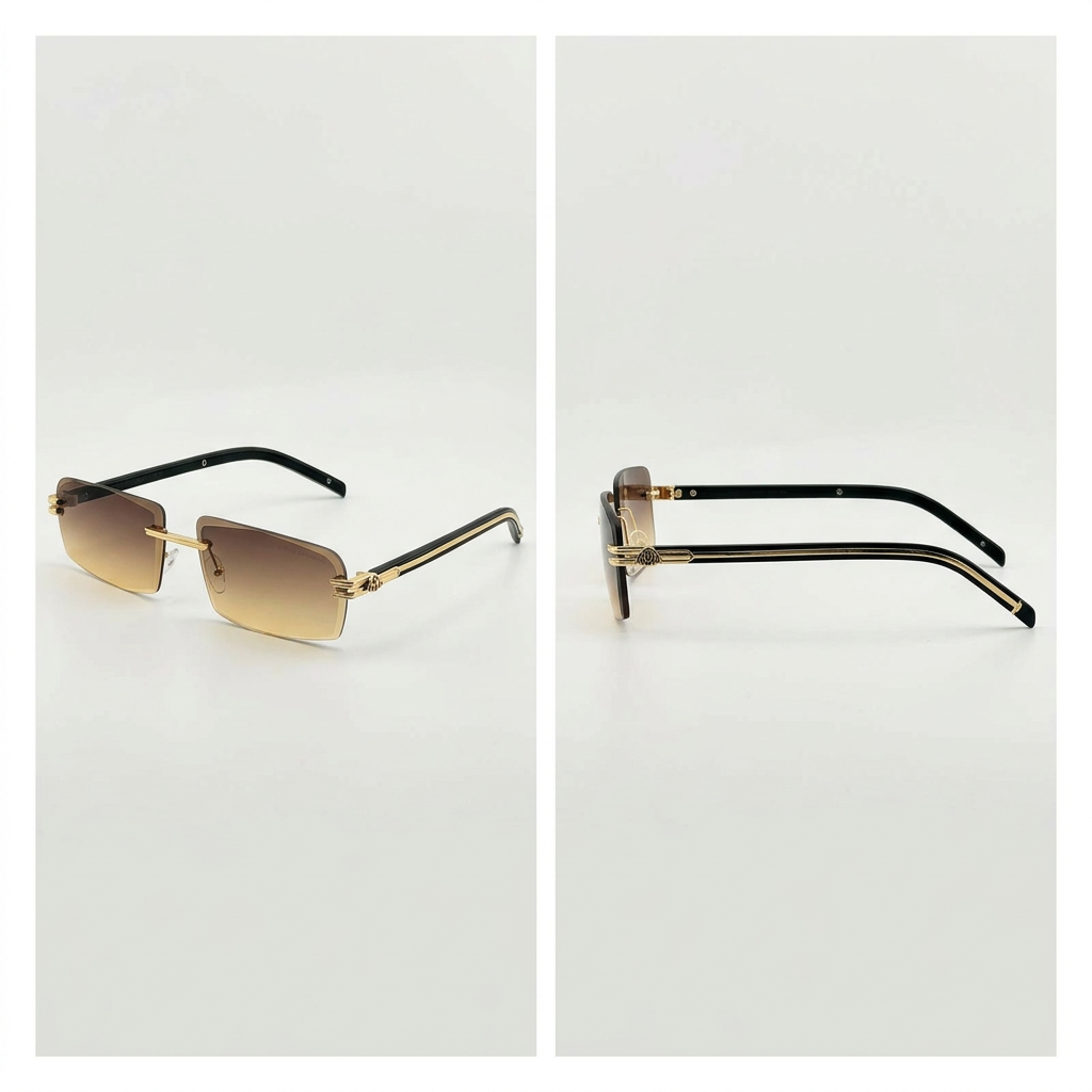 Front and side views of dark brown gradient rimless glasses