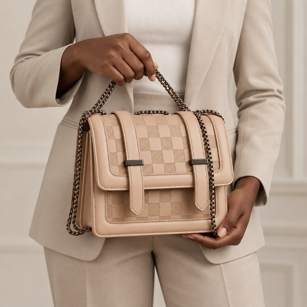 Hand-focused model holding beige checker-panel chain shoulder bag