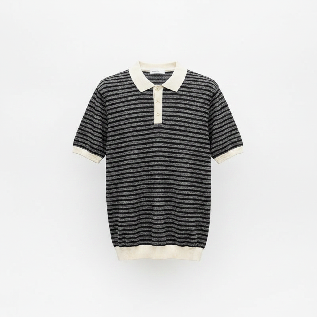 Cream collar striped knit polo front view