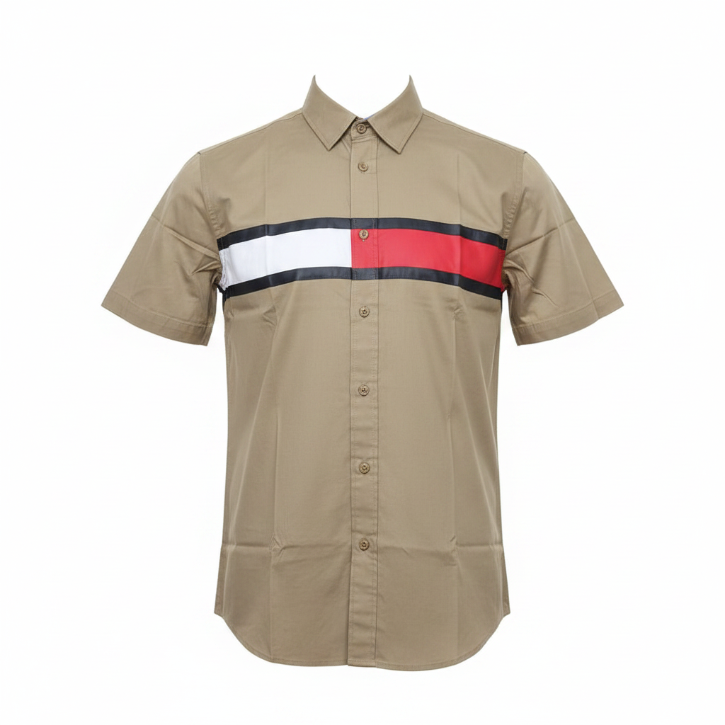 Khaki Striped Short-Sleeved Shirt - Ghost Mannequin Front
