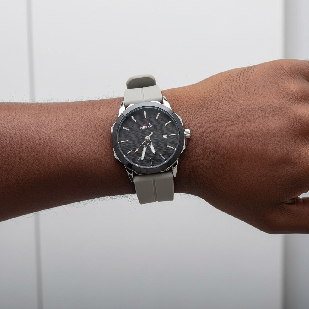 Black dial watch with light grey grooved strap and polished case worn on a Black man’s wrist