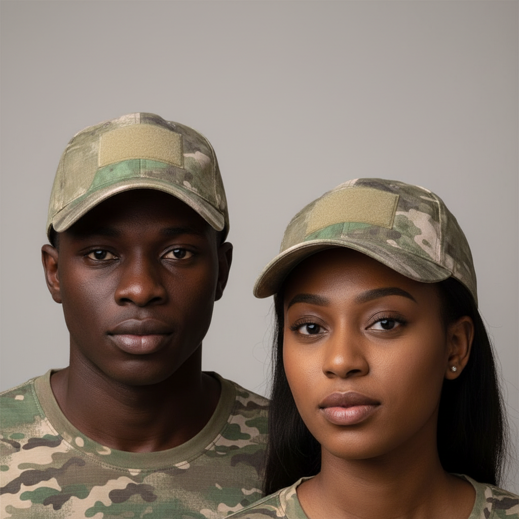 Nigerian male and female models wearing MultiCam tactical camouflage baseball cap