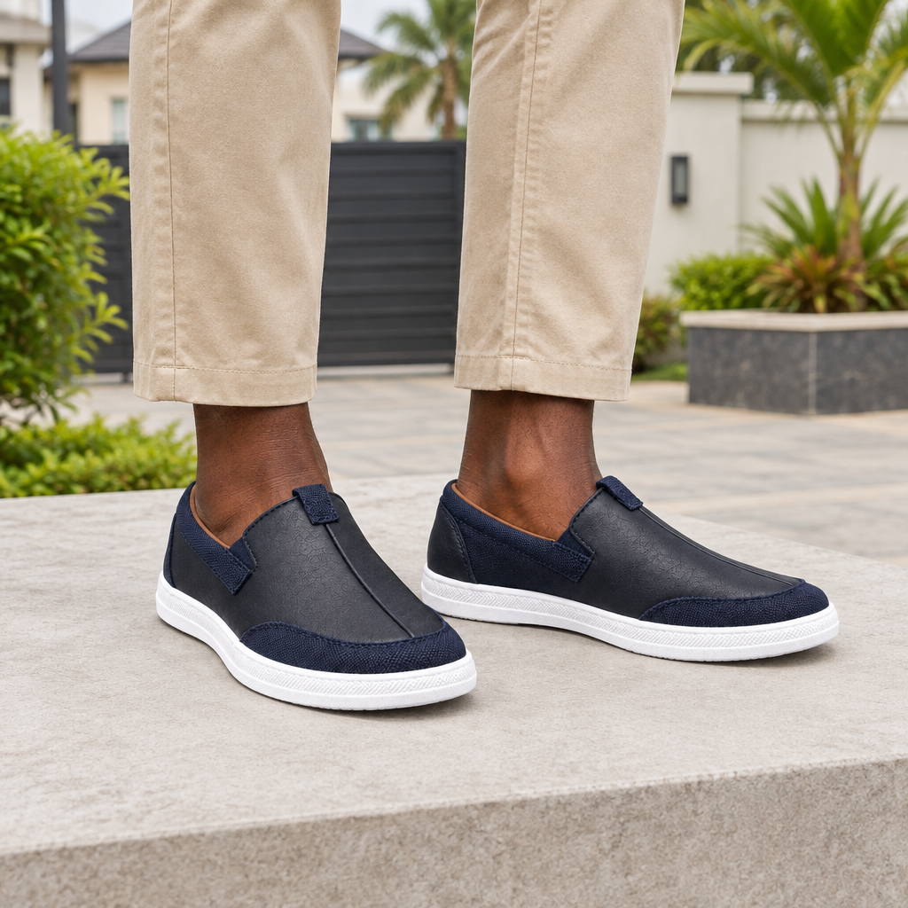 Man wearing navy textile toe slip-on sneakers with beige chinos