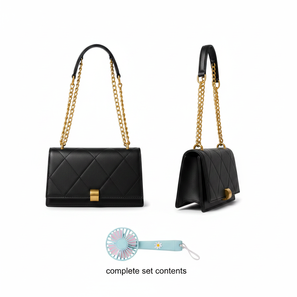 Black quilted leather shoulder bag ghost mannequin front and side view with mini hand fan