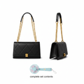 Black quilted leather shoulder bag ghost mannequin front and side view with mini hand fan