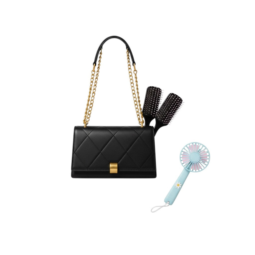 Quilted Leather Shoulder Bag with Mini Fan Set