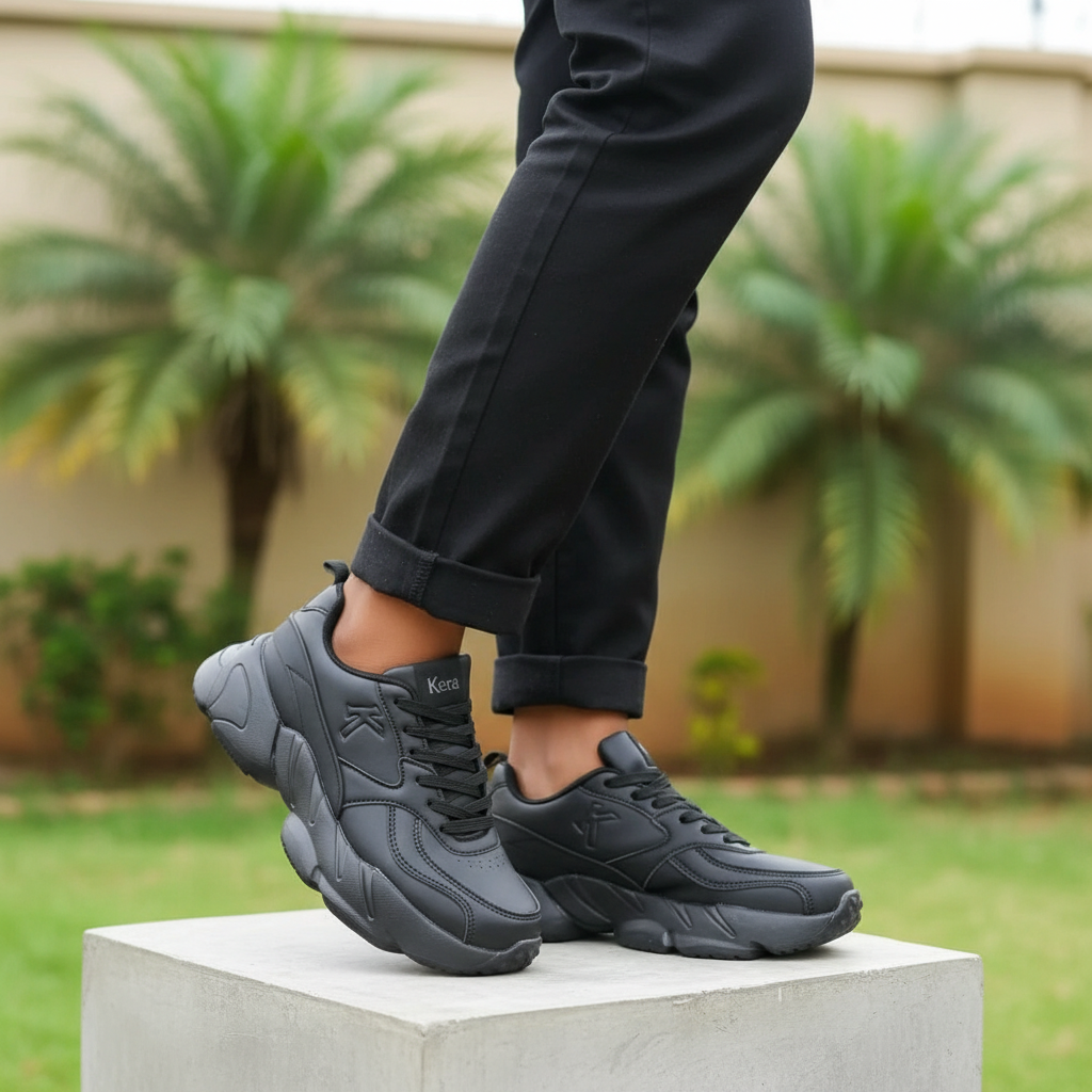 Nigerian female model wearing all-black lace-up chunky sneakers