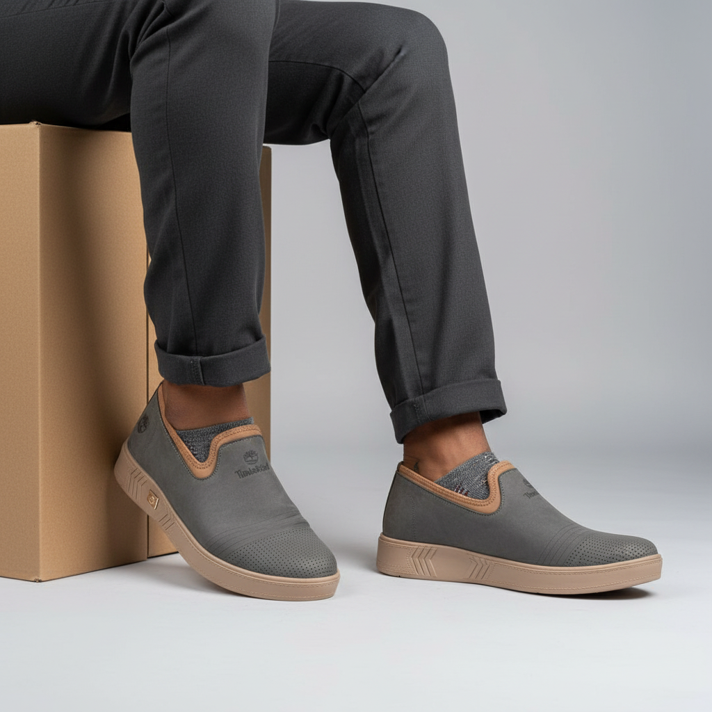 Nigerian male model wearing men's slip-on sneakers, both feet visible