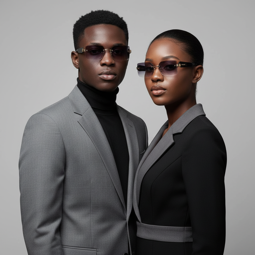 Male and female model lifestyle shot — Rimless Rectangular Sunglasses Gold Bridge Black Temple Grey Lavender