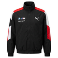 Black stand-collar zip jacket with red and white panels on a white background