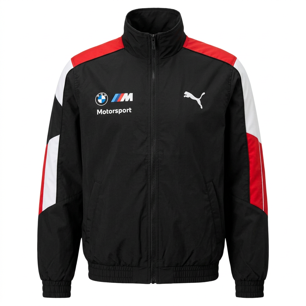 Black stand-collar zip jacket with red and white panels on a white background