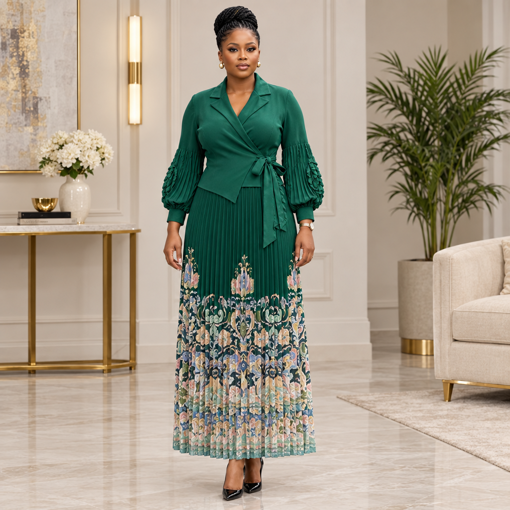 Adult Black woman wearing emerald-green printed-hem pleated dress