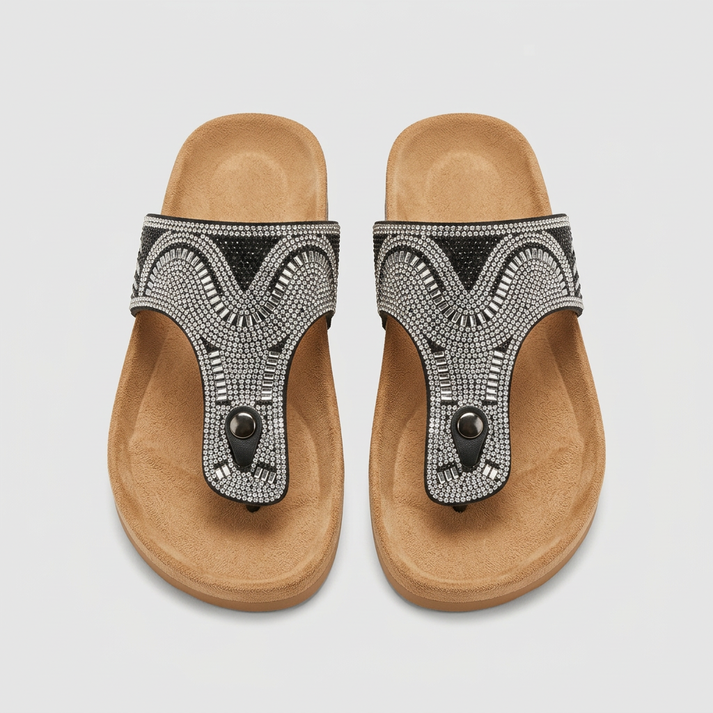 Women's black rhinestone-embellished slide sandals, front view