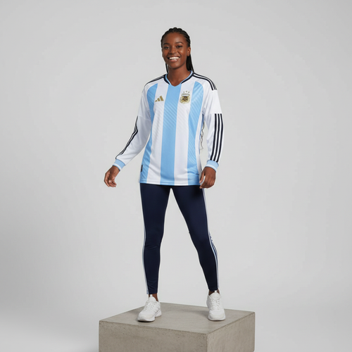 Nigerian female model wearing white sky blue stripe long sleeve football jersey on concrete plinth