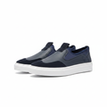Men's navy blue two-tone slip-on platform sneaker ghost mannequin pair — front and side view on white background