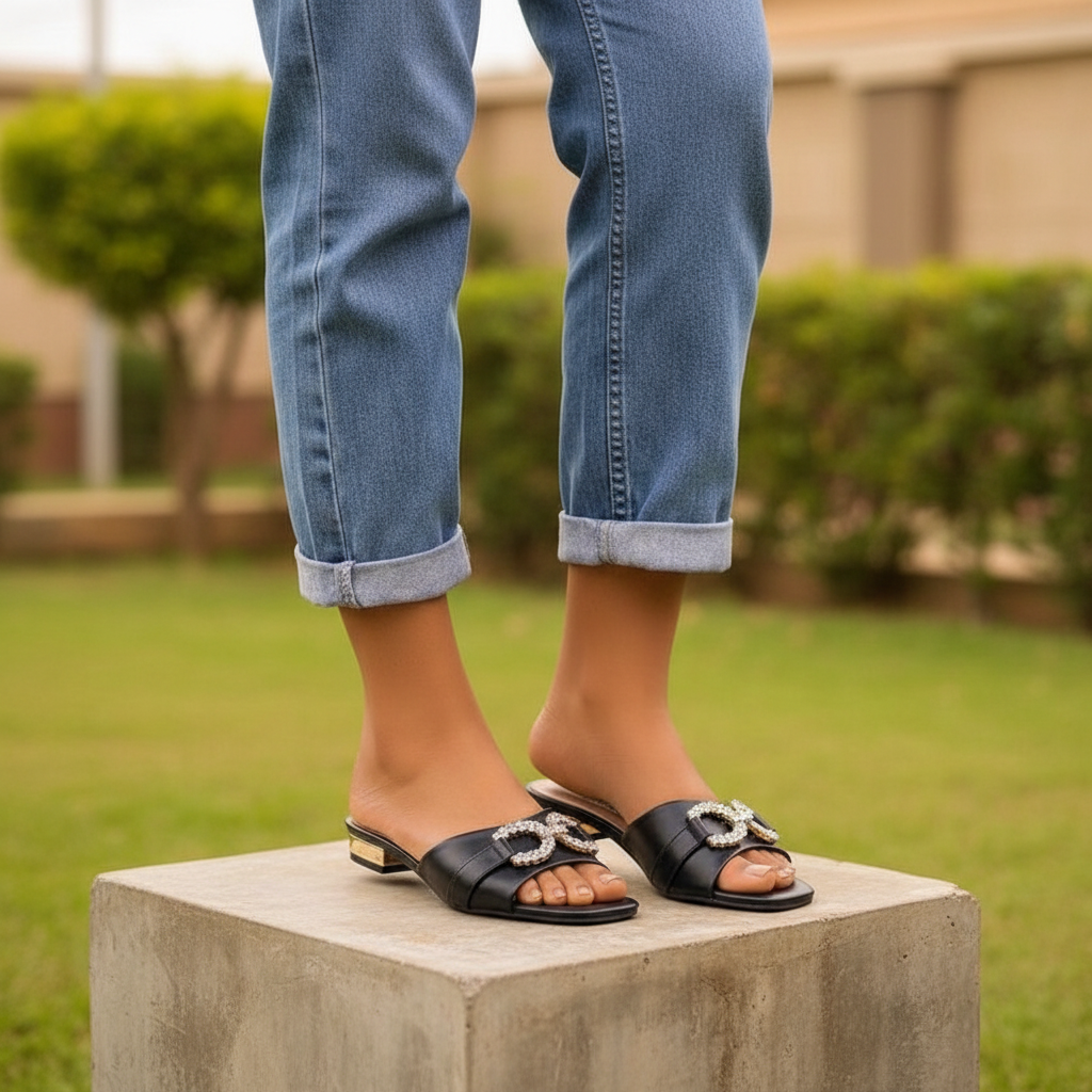 Leg focus shot of Nigerian female model wearing black square-toe block heel mule sandals with crystal buckle