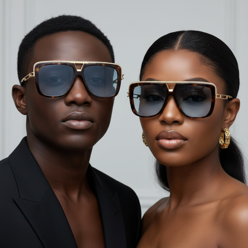 Nigerian male and female models wearing oversized square flat-top sunglasses tortoiseshell diamond glitter trim frame clear grey lens slim gold metal arms