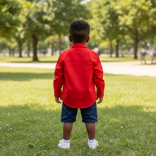 Boys' Red Button-Down Shirt - Back Model View