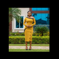 Women's Mustard Off-Shoulder Button-Front Bodycon Midi Dress - Nigerian Female Model