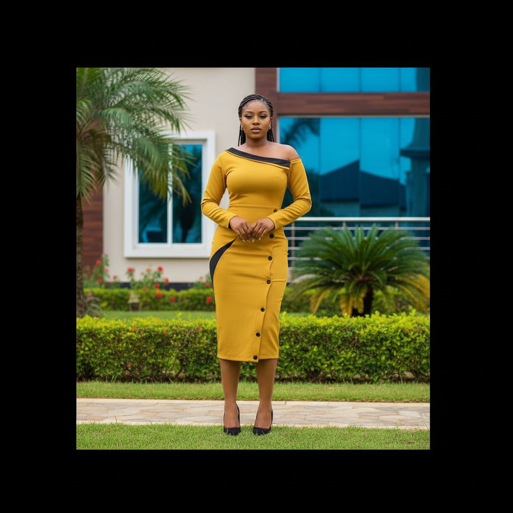 Women's Mustard Off-Shoulder Button-Front Bodycon Midi Dress - Nigerian Female Model