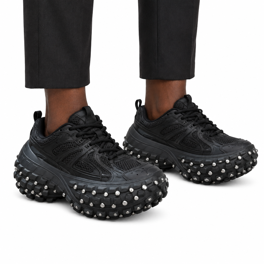 Man wearing black studded-sole chunky sneakers, both feet visible