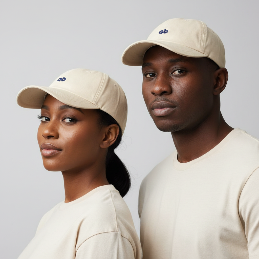 Nigerian male and female models wearing cream minimalist script logo dad cap