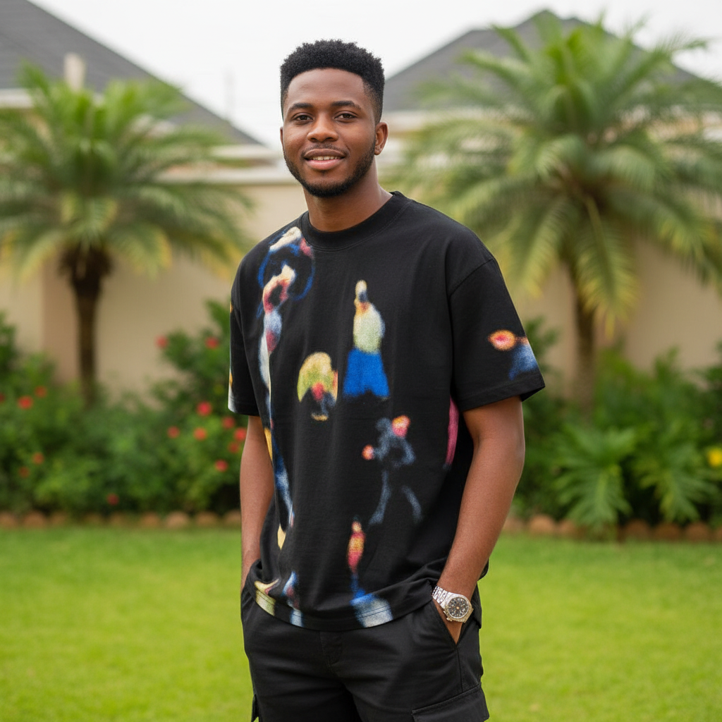 Nigerian male model wearing men's black abstract art print shirt